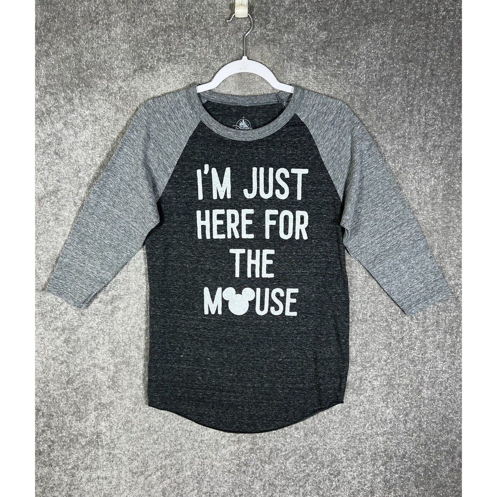 Disney Parks Mickey Im Just Here For‎ The Mouse Raglan Tee Womens Size M Gray